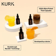 Kurk High Strength Curcumin Oil label emphasizes micelle technology and quality.