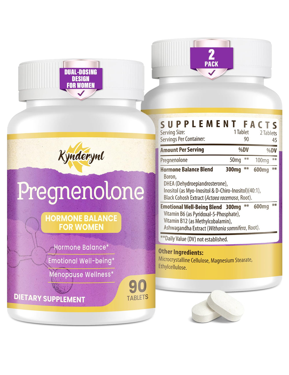 Kynderynl Pregnenolone bottle front view supports daily wellness and balanced energy.