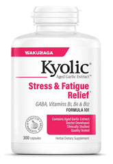 Kyolic 101 bottle front shows odorless garlic for stress support.