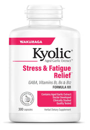 Kyolic 101 bottle front shows odorless garlic for stress support.