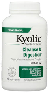 Kyolic 102 bottle front view shows odorless garlic supplement for digestion support