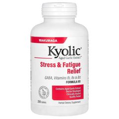 Kyolic Aged Garlic Extract bottle close-up for stress and fatigue support.