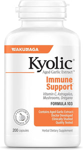 Kyolic aged garlic extract bottle with odorless formula for immune support.