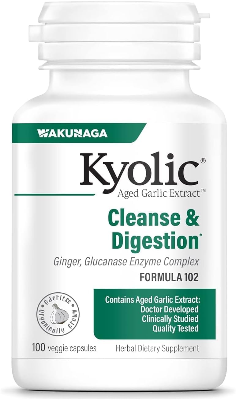 Kyolic Aged Garlic Extract 102 bottle label shows odorless garlic for daily support