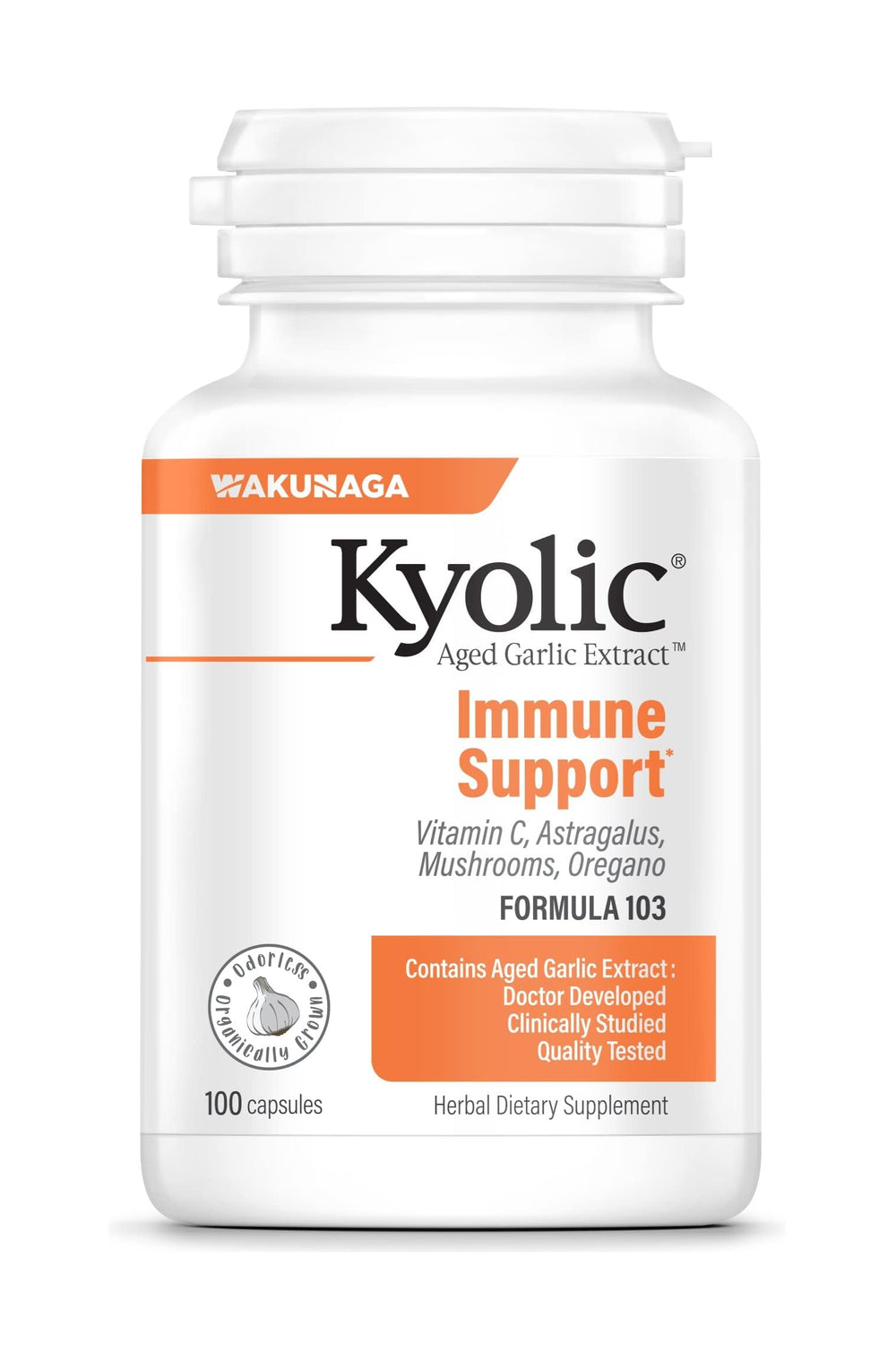 Kyolic Aged Garlic Extract Formula 103 bottle front for odorless immune support