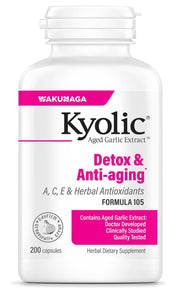 Kyolic Aged Garlic Extract Formula 105 bottle front view for odorless detox support.