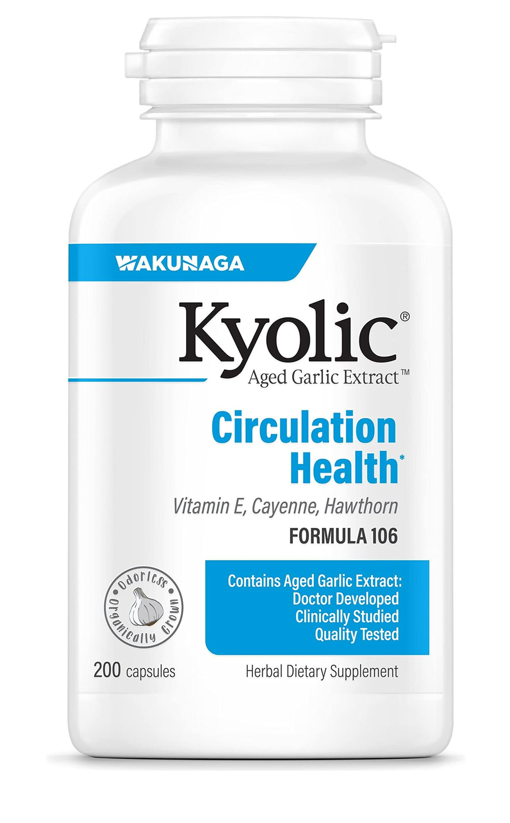 Kyolic Aged Garlic Extract Formula 106 bottle promotes odorless, organic garlic for circulation support.