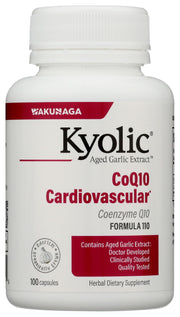 Kyolic Aged Garlic Extract Formula 110 bottle showing odorless, organic garlic for daily wellness.