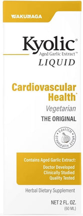 Kyolic Aged Garlic Liquid bottle pour for potential cardiovascular support.