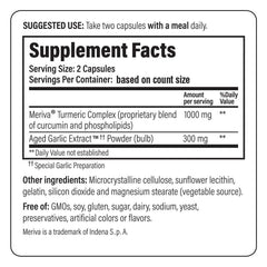 Close-up of Kyolic Formula 111 label and nutrition facts for organic garlic and Meriva curcumin.