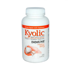 Kyolic Frmla 103 bottle highlighting garlic extract with vitamin C and astragalus for daily wellness