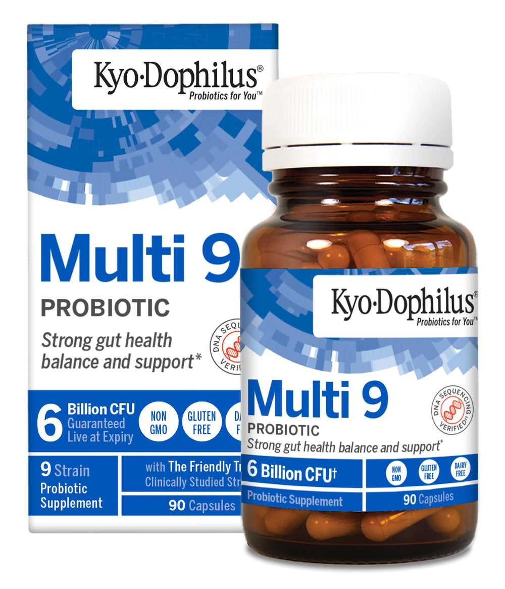 Kyolic Kyo-Dophilus Multi 9 bottle shown for daily gut balance.