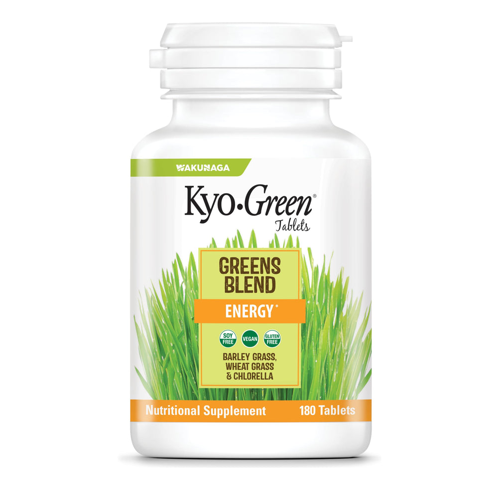 Kyolic Kyo-Green Energy Tablets pack on countertop for daily greens boost.