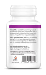 Label close-up of Kyolic aged garlic extract bottle highlighting odor-reduction aging.