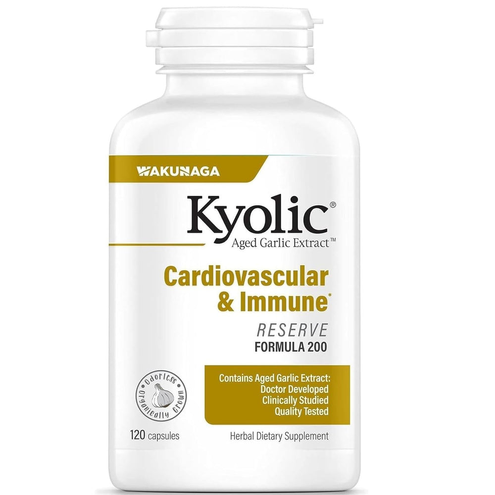 Kyolic Reserve bottle-front view highlighting aged garlic extract for heart health and immune support.