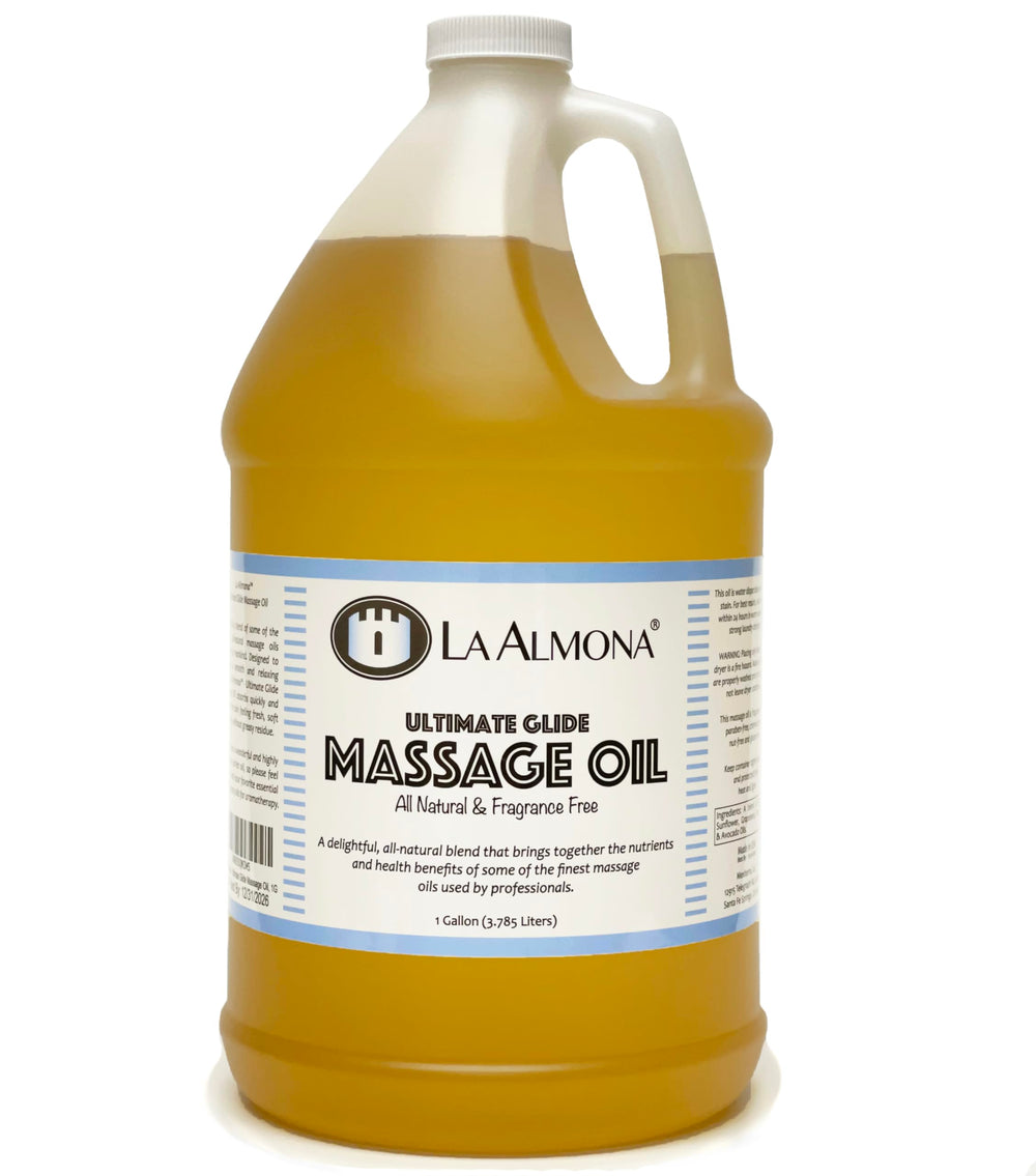 La Almona Ultimate Glide massage oil refill jug delivers fast absorption for silky skin.