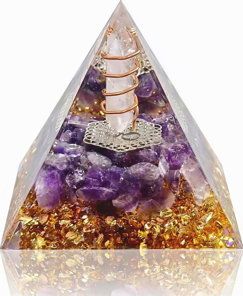 L&A Amethyst Orgonite Pyramid on a desk boosts focus and calm during work sessions.