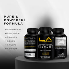 LA Nutrition HGH bottle pour demonstrating daily dosage for focus and energy.