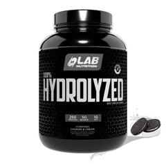 LAB NUTRITION hydrolyzed whey bottle highlights fast-absorbing protein