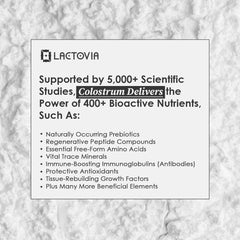 Lactovia grass-fed colostrum powder packaging highlights organic purity and farm origins