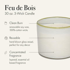 LAFCO New York Feu de Bois 3-Wick candle with reusable glass vessel enhances room ambiance.