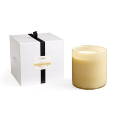 LAFCO New York Luxe 4-Wick Chamomile Lavender candle in a clear hand-blown glass vessel for calm ambiance.