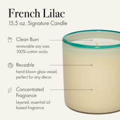 LAFCO New York Signature Candle French Lilac glass vessel showcases reusable design for decor.