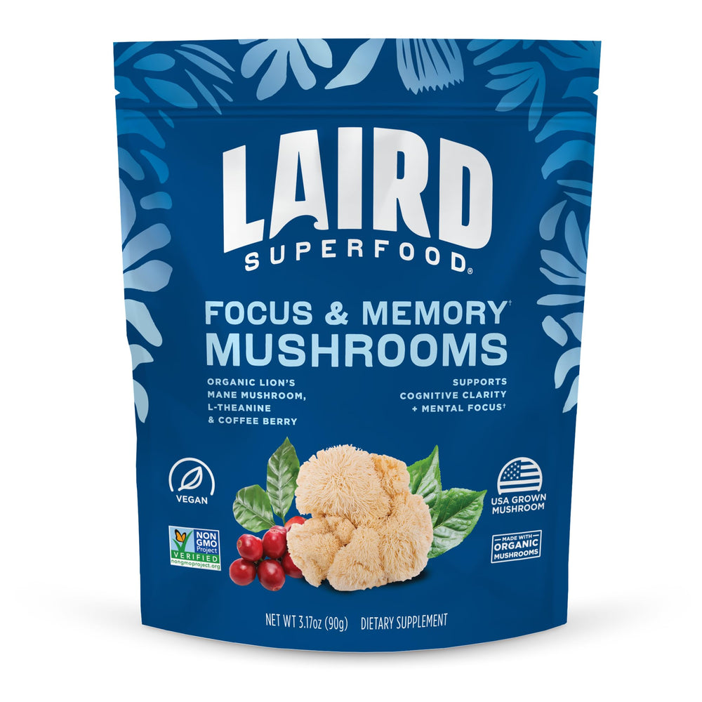 Laird Superfood Organic Focus Mushroom Blend bag shows premium ingredients for daily cognitive support