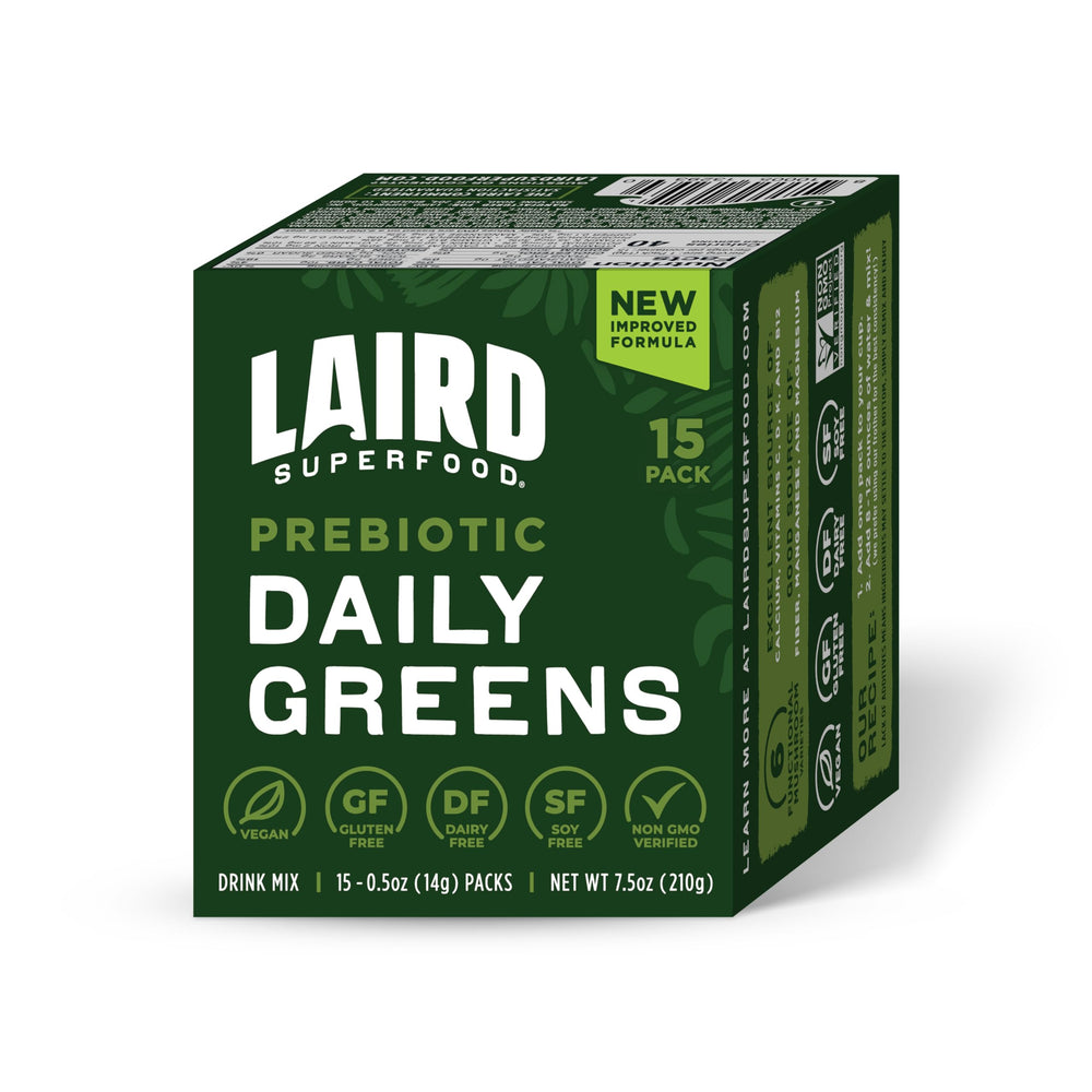 Laird Superfood Prebiotic Daily Greens packaging front for convenient daily nutrition.