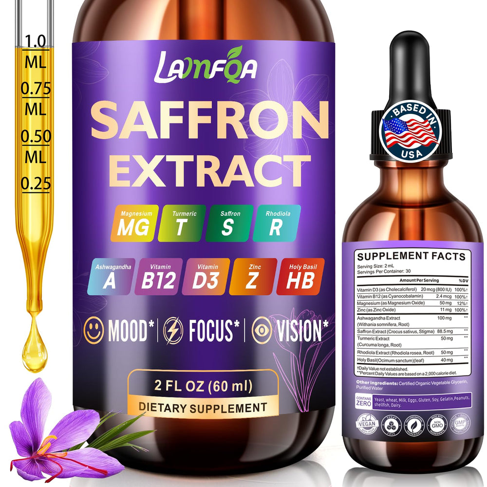 LAMFQA saffron extract tincture bottle 2oz for easy daily mood support.