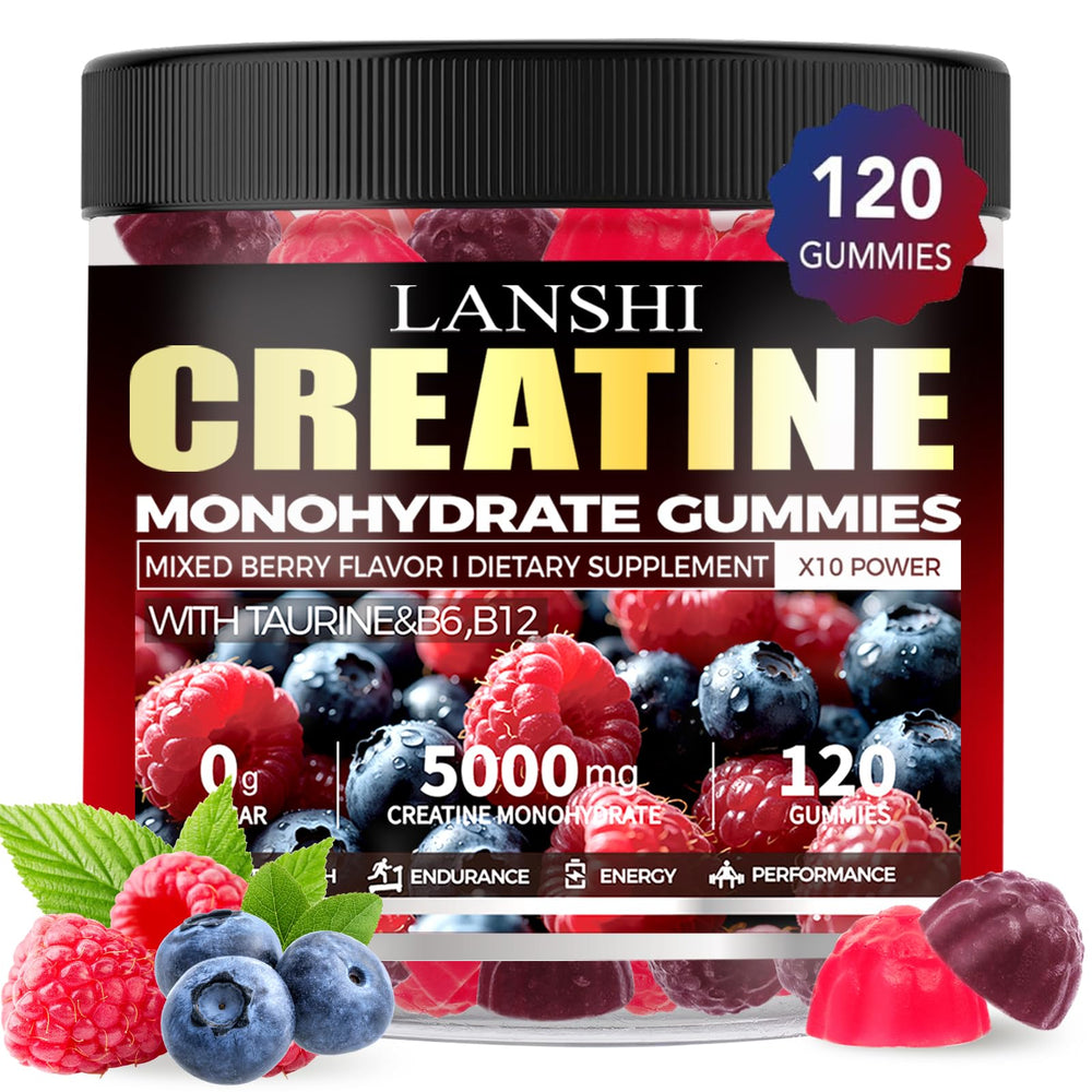 LANSHI Creatine Monohydrate Gummies bottle on a gym bench, convenient energy support.
