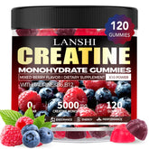 LANSHI Creatine Monohydrate Gummies bottle on a gym bench, convenient energy support.