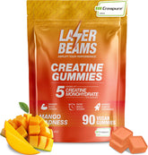 Laser Beams Creatine Gummies packaging highlighting convenient vegan mango chews for daily support