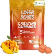 Laser Beams Creatine Gummies packaging highlighting convenient vegan mango chews for daily support
