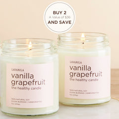 Lavanila vanilla grapefruit candle label close-up highlights premium soy formula.