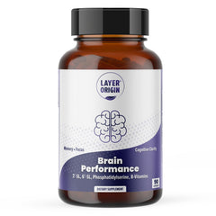 Layer Origin Brain Performance bottle label highlights 3'-SL and 6'-SL for memory support.