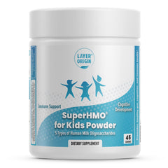 Layer Origin SuperHMO box label showing kid-friendly packaging and ingredients.