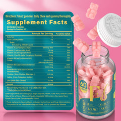 Close-up of Lazpowfi biotin gummies bottle highlighting vitamin-rich formula for hair, skin, nails.
