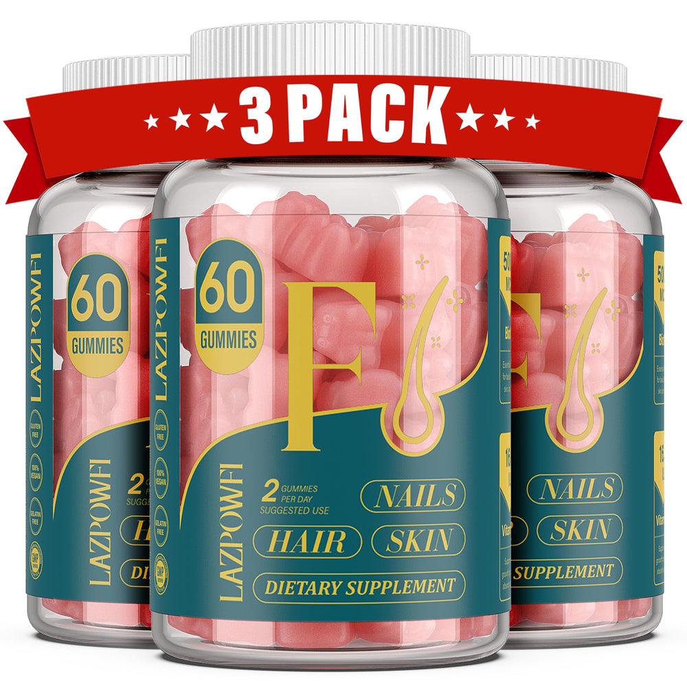 Lazpowfi Biotin Gummies packaging highlights vegan beauty nutrition for daily use.