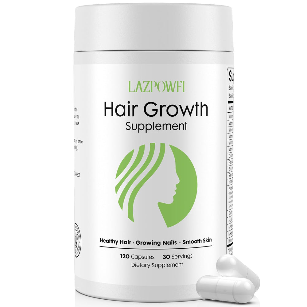 Lazpowfi Hair Growth bottle showing an all-in-one formula for healthier hair