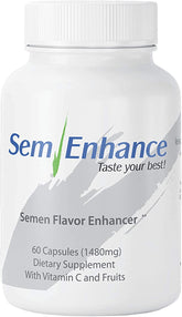 Leading Edge Health Semenhance bottle on a clean countertop, hinting at a tastier flavor experience.