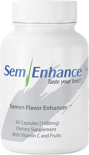 Leading Edge Health Semenhance bottle on a clean countertop, hinting at a tastier flavor experience.