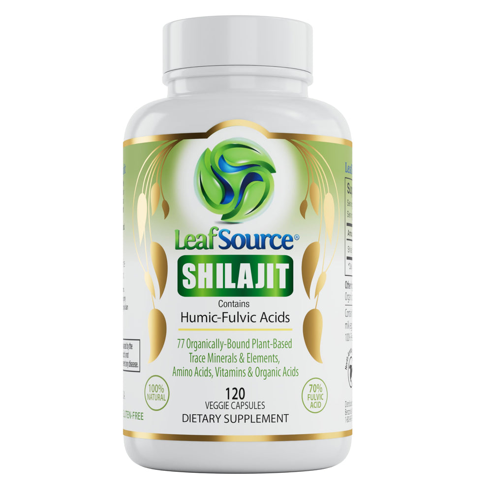 LEAFSOURCE Shilajit bottle front displaying energy support benefits