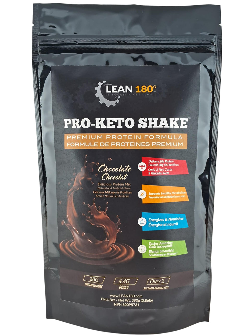 Lean 180 Pro-Keto Shake chocolate bottle, high-protein, low-carb quick meal.