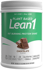LEAN1 chocolate meal replacement tub front, ideal for on-the-go meals.