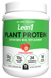 Lean1 plant-based strawberry protein powder in a resealable bag for everyday shakes.