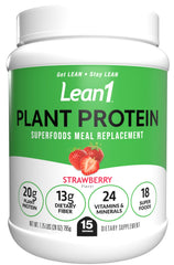 Lean1 plant-based strawberry protein powder in a resealable bag for everyday shakes.