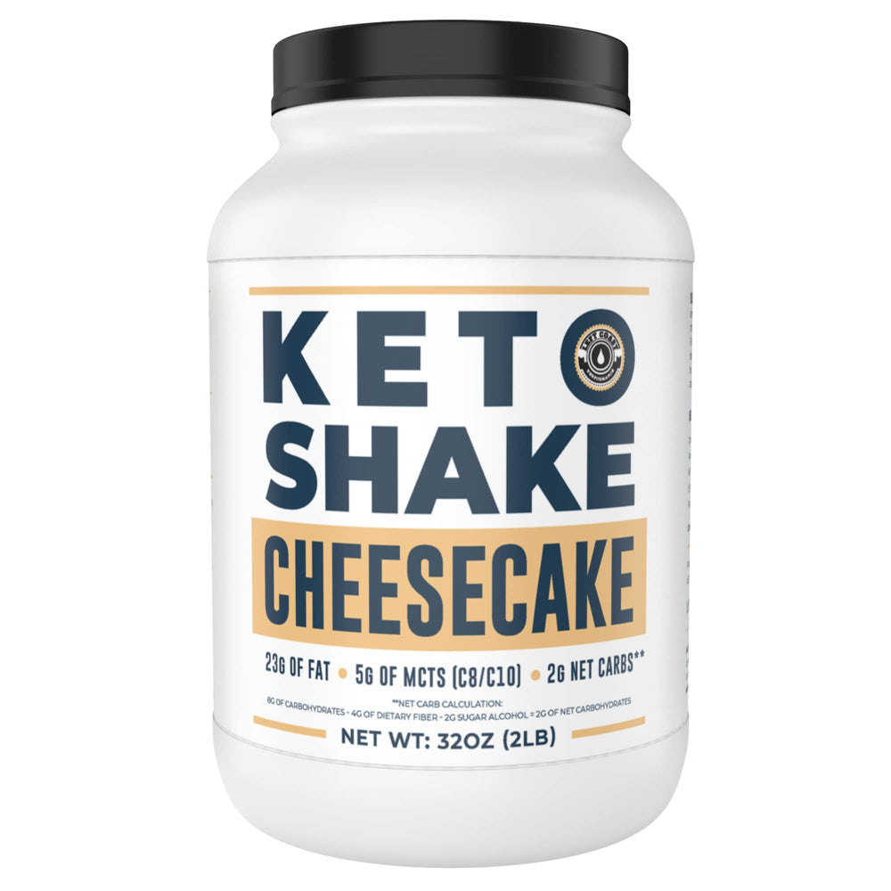 Left Coast Performance Cheesecake Shake tub front shows keto-friendly macros and convenient meal replacement
