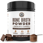 Left Coast Performance chocolate bone broth powder in a jar, convenient protein source.