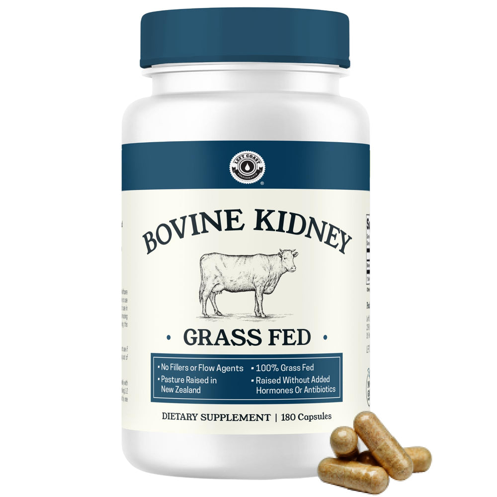 Left Coast Performance beef kidney supplement bottle front view showing daily energy support.